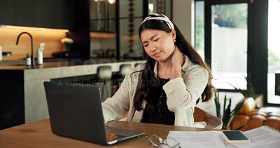 Buy stock photo Woman, neck pain and remote work from home with laptop, frustrated and stress with fibromyalgia in living room. Person, virtual assistant and computer with burnout, exhausted and joint ache at house