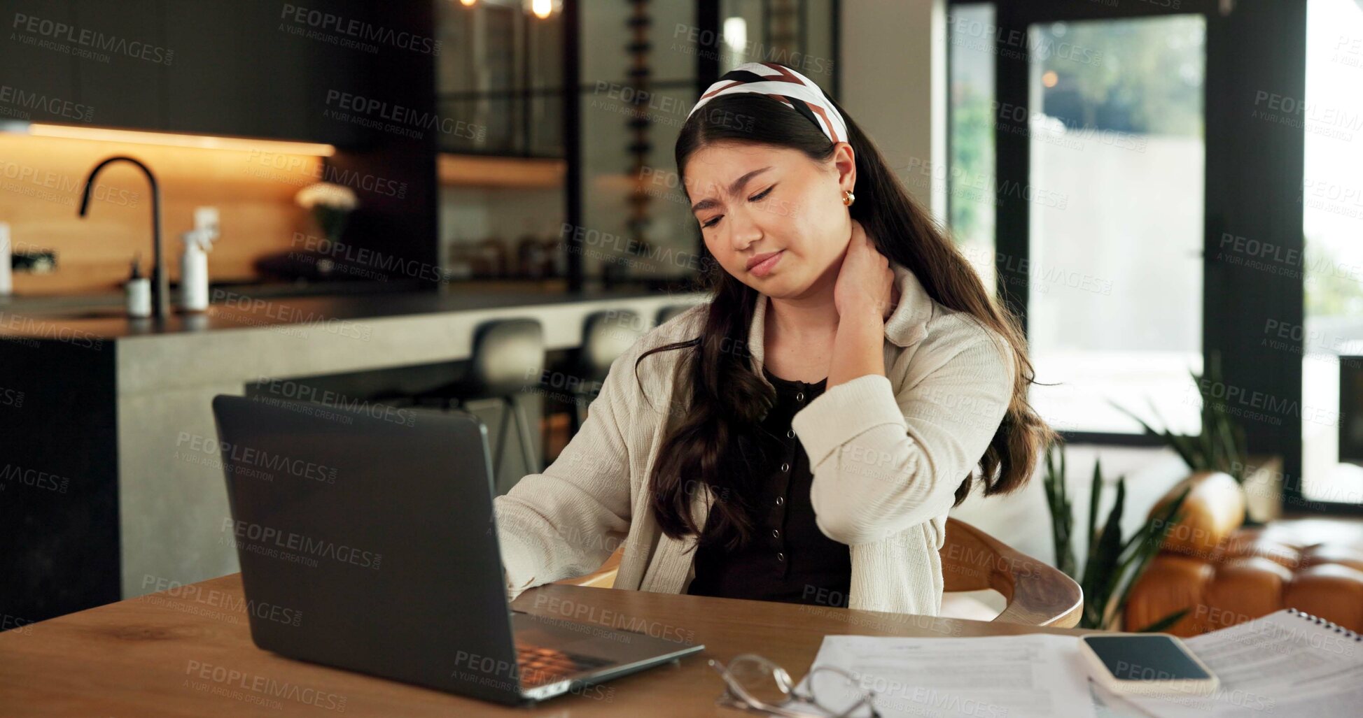 Buy stock photo Woman, neck pain and remote work from home with laptop, frustrated and stress with fibromyalgia in living room. Person, virtual assistant and computer with burnout, exhausted and joint ache at house