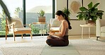 Yoga mat, typing and woman in home for social media, health app and wellness article fir fitness. Apartment, online and person on cellphone for research, internet and website for pilates or exercise