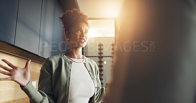 Buy stock photo Frustrated, stress and woman with argument in home, spending dispute or upset for financial crisis. Marriage conflict, debt issue and people with disagreement for bankruptcy, problem or flare 