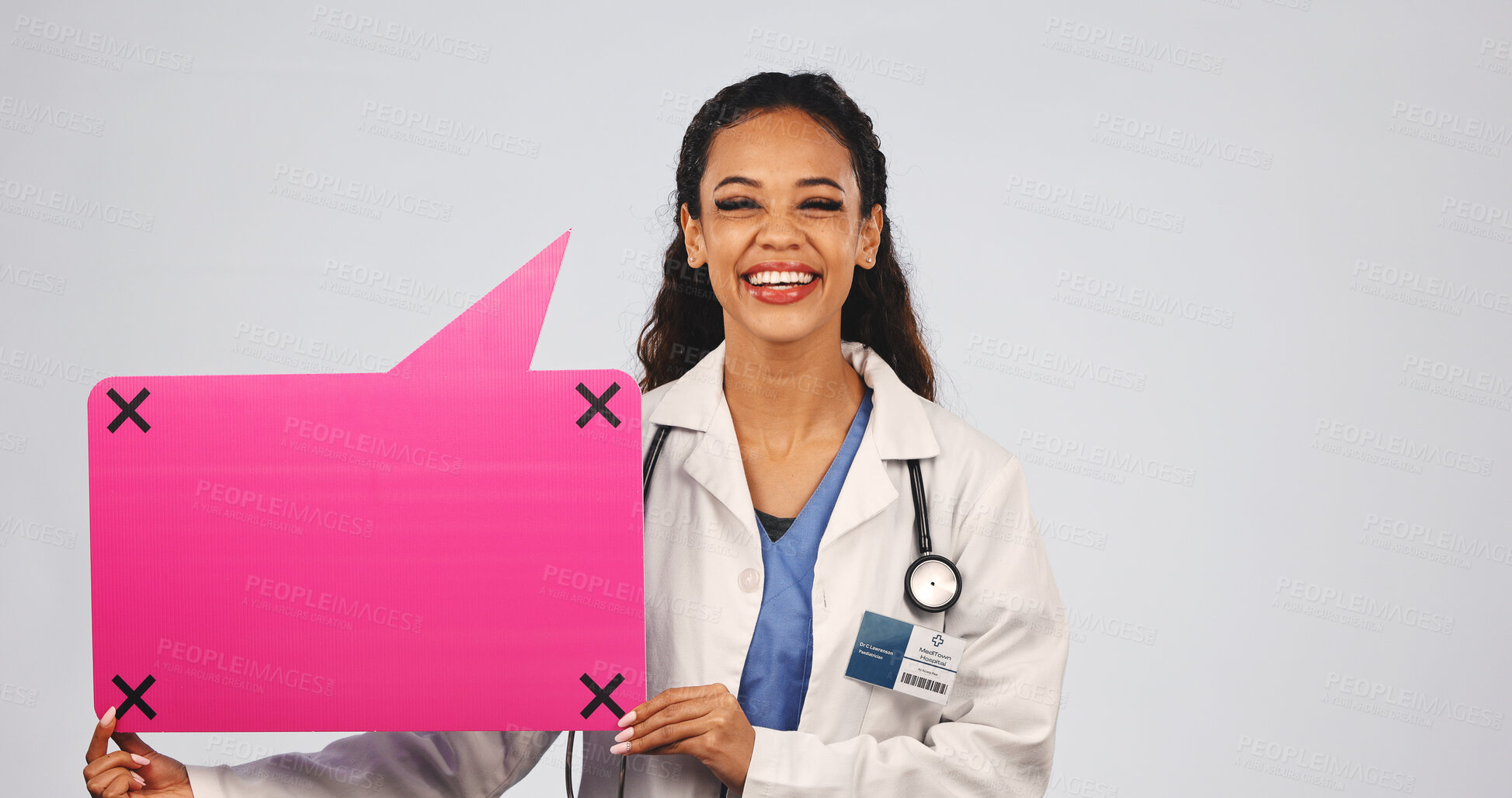 Buy stock photo Portrait, woman and doctor in studio with speech bubble, message or social media for medical tips. Smile, person and text sign with mockup space, information and healthcare advice on white background