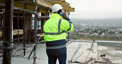 Buy stock photo Back, man and engineer at site with phone call, discussion and inspection for construction. Space, person and supervisor on rooftop with mobile, planning and compliance update for architecture safety