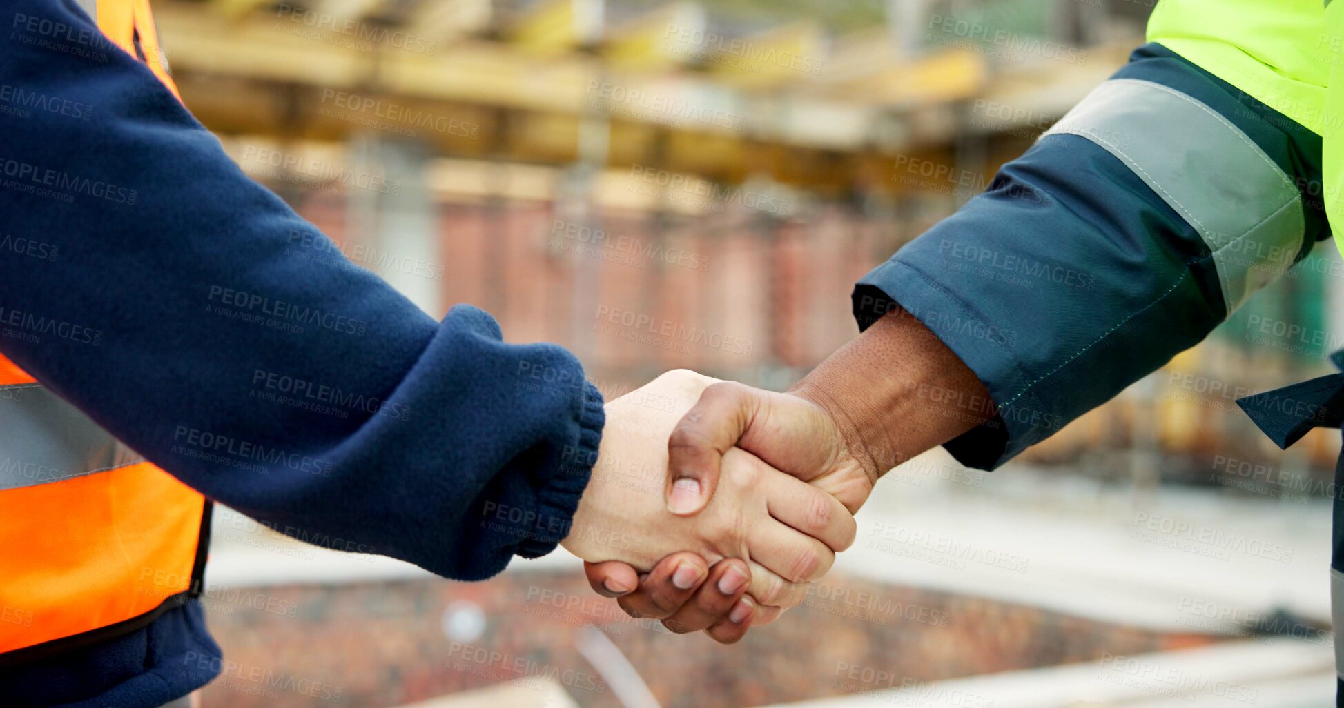 Buy stock photo Men, shaking hands or engineers on construction site for agreement, development deal or welcome. Contractor, team or handshake with cooperation for partnership, renovation collaboration and thank you