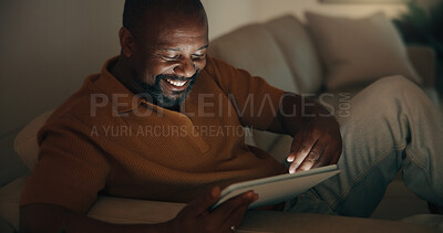 Buy stock photo Tablet, happy and black man in home at night for reading blog on budget, savings and investment planning. Digital technology, relax and mature person on app for financial tips, advice or guidance