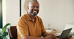 Remote work, portrait or black man in home office with laptop, research or budget review for funding. WFH, happy or mature finance advisor with tech, forecasting or proposal update on investment.
