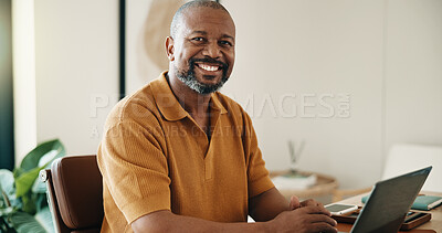 Buy stock photo Remote work, portrait or black man in home office with laptop, research or budget review for funding. WFH, happy or mature finance advisor with tech, forecasting or proposal update on investment.