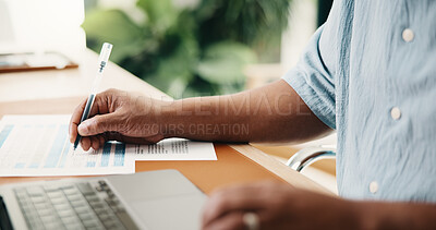 Buy stock photo Businessman, hands and writing in office with documents, review draft budget and finance proposal. Person, paperwork notes and laptop in workplace with financial planning, agenda and bookkeeping.