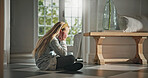 Girl, home or stress with victim for childhood trauma, bad news or sad loneliness on floor. Alone, kid or child with depression, reflection or mental health for grief, loss or anxiety in house