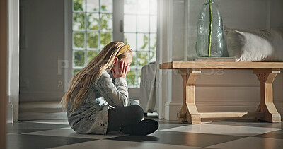 Buy stock photo Girl, home or stress with victim for childhood trauma, bad news or sad loneliness on floor. Alone, kid or child with depression, reflection or mental health for grief, loss or anxiety in house