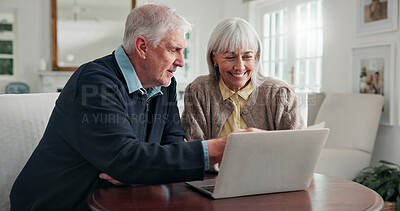Buy stock photo Happy, senior and couple on laptop in home for online banking, pension fund and digital finance. Retirement, marriage and man with woman on computer for planning, savings and financial security