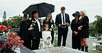 Man, priest or family with holy bible in cemetery for grief, condolences or mourning at burial. Male person, speaker and empathy for farewell with book of god for faith, worship or death at graveyard