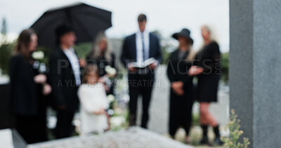 Buy stock photo Funeral, sad and people in cemetery, blur and burial for death ceremony, emotions and grief. Family, graveyard and support for mourning, compassion and memorial service for loss, remember and empathy