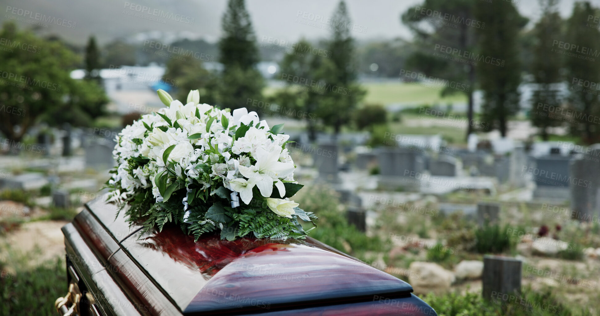 Buy stock photo Coffin, flowers and funeral in cemetery with death, remembrance or burial ceremony for final goodbye. Casket, floral bouquet and memorial service in graveyard outdoor with honor, tribute or tradition