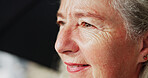 Calm, old woman and daydream with smile on break, nostalgia and thinking of good memory or thoughts. Space, reflection and senior person with decision on weekend, happy and planning for retirement
