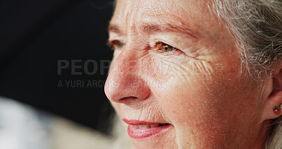 Buy stock photo Calm, old woman and daydream with smile on break, nostalgia and thinking of good memory or thoughts. Space, reflection and senior person with decision on weekend, happy and planning for retirement