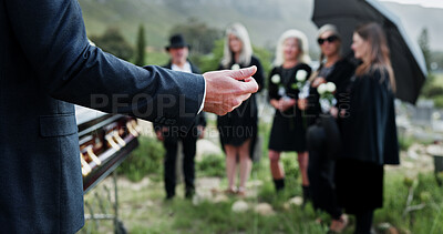 Buy stock photo Priest, hands and family with prayer in cemetery for grief, condolences or mourning at burial. Speaker, funeral and ceremony for farewell or preaching god for faith, worship or death at graveyard