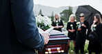 Person, hands and funeral with holy bible or coffin for memorial service, prayer or worship of god. Family, people or christianity with book, religion or faith at graveyard or cemetery for death