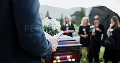 Buy stock photo Person, hands and funeral with holy bible or coffin for memorial service, prayer or worship of god. Family, people or christianity with book, religion or faith at graveyard or cemetery for death