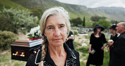 Buy stock photo Portrait, sad and old woman in graveyard with funeral, people mourning and grief for burial ceremony. Senior person, death or sorrow at cemetery outdoor with memorial service, bereavement or farewell