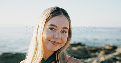 Buy stock photo Smile, travel and portrait of woman at beach for summer vacation, relax and tropical adventure. Happiness, weekend break and getaway trip with female person outdoor for tourism, island and coastline