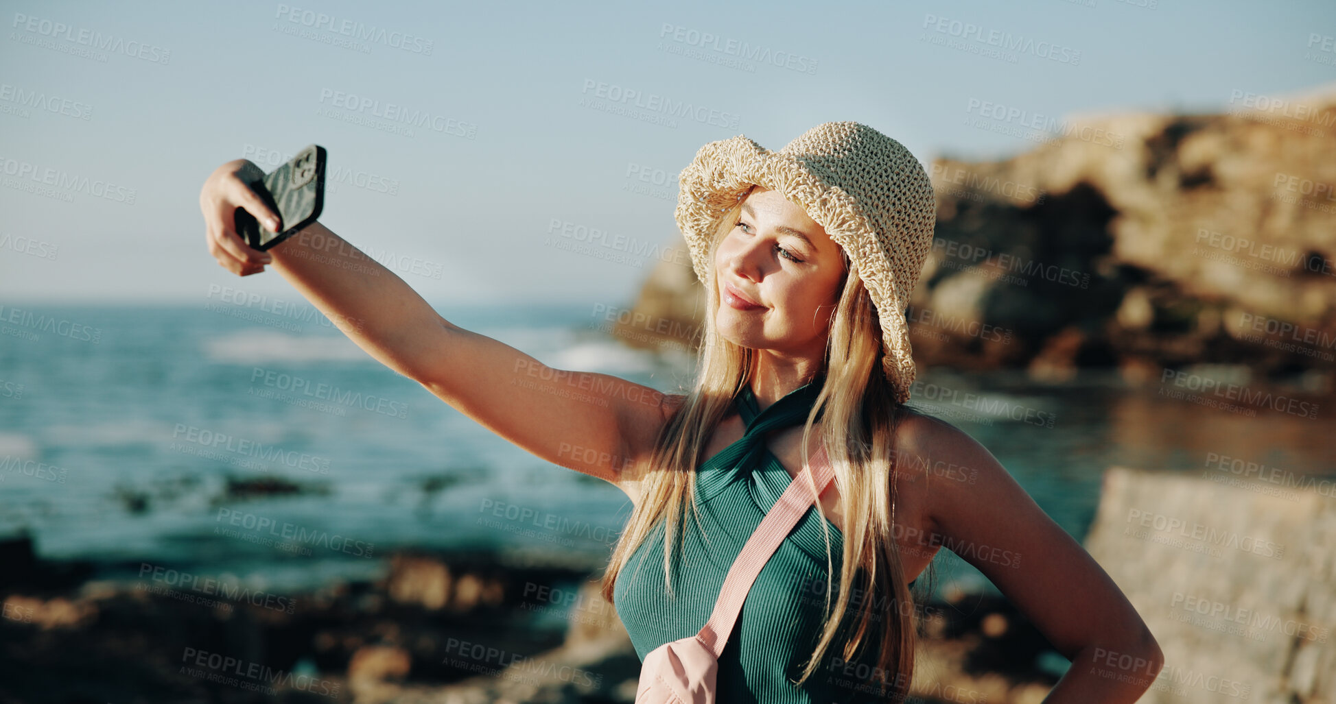 Buy stock photo Selfie, travel and smile with woman at beach for influencer, social media post and summer vacation. Content creator, photography and tourist with person outdoor for profile picture and status update
