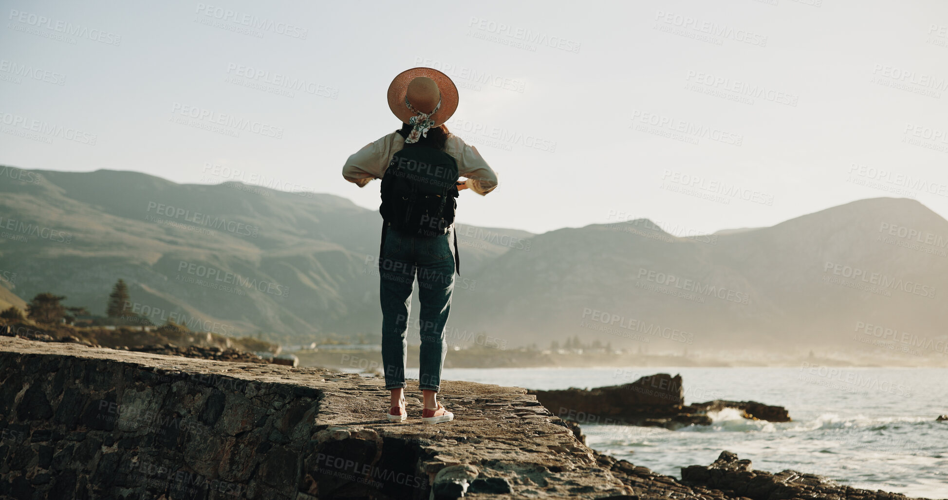 Buy stock photo Travel, back and peace with woman at beach for summer vacation, freedom and adventure. Holiday getaway, tropical island and view with person outdoor for mindfulness, inspiration and weekend break