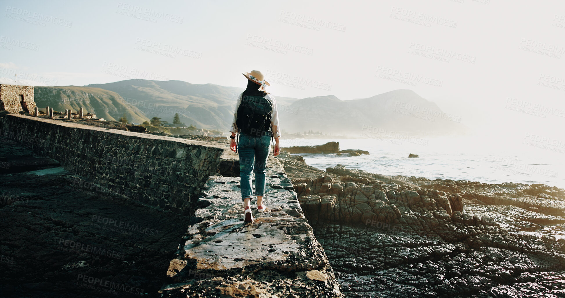 Buy stock photo Travel, back and thinking with woman at beach for summer vacation, freedom and adventure. Holiday getaway, tropical island and view with person for mindfulness, inspiration and weekend break