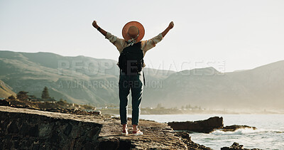 Buy stock photo Travel, back and freedom with woman at beach for summer vacation, success and adventure. Holiday getaway, tropical island and wellness with person for mindfulness, inspiration and weekend break