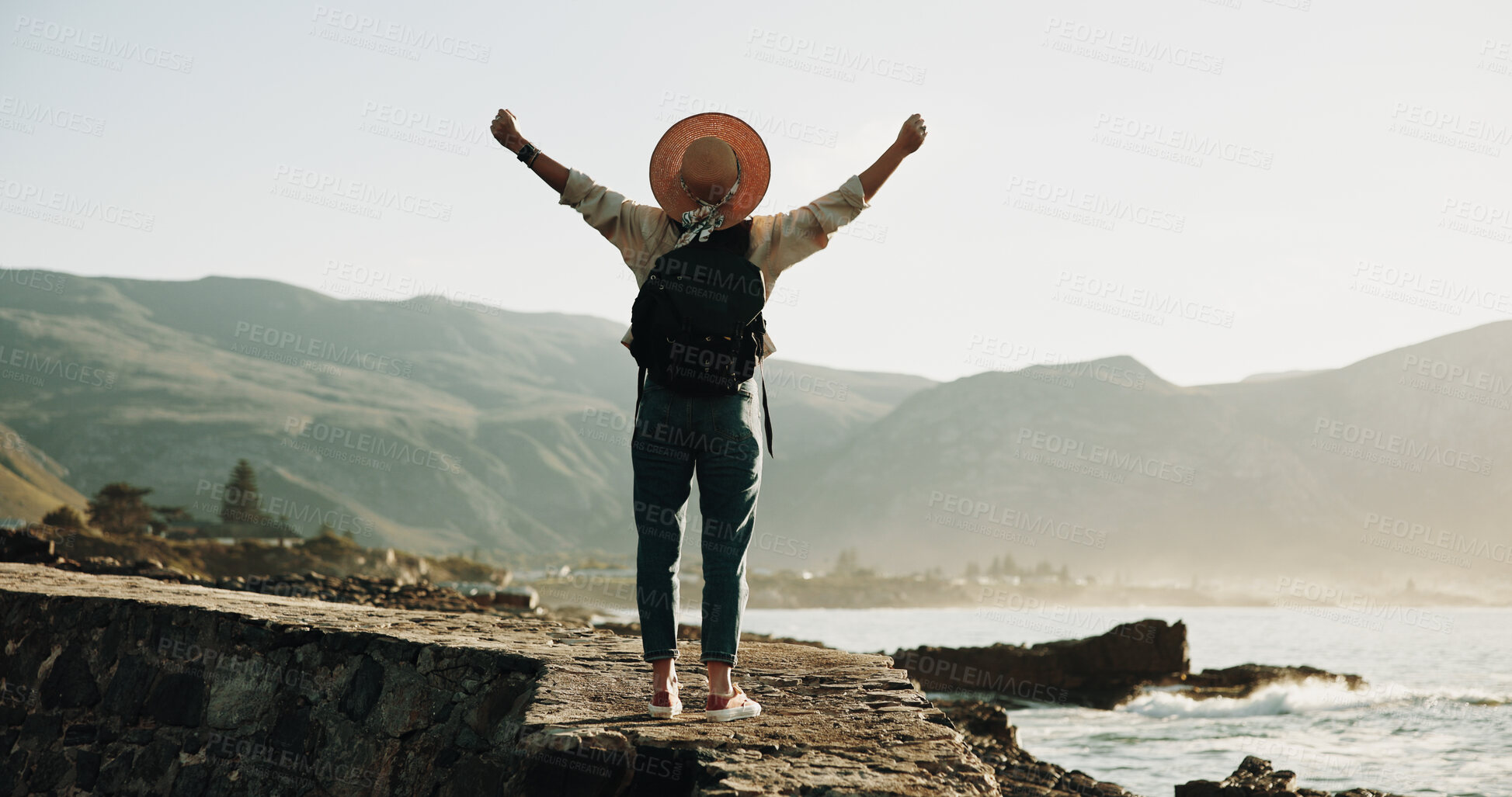 Buy stock photo Travel, back and freedom with woman at beach for summer vacation, success and adventure. Holiday getaway, tropical island and wellness with person for mindfulness, inspiration and weekend break