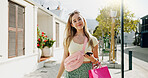 Phone, shopping bag and portrait with woman in city for communication, online promotion or sale. Digital coupon, store credit check and contact with person outdoor for customer rewards app and retail