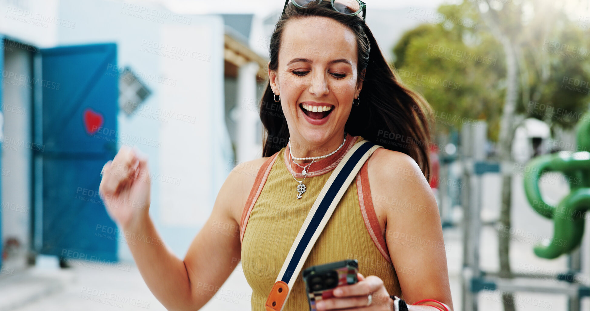 Buy stock photo Excited, woman and winning with phone in park for discount, amazing deal or promotion. Happy, female person or fist pump with smile, mobile smartphone or app for good news, achievement or bonus