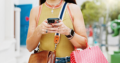 Buy stock photo Phone, shopping bag and chat and hands in city for communication, online promotion and sale. Digital coupon, store credit check and contact with person outdoor for customer rewards app and retail