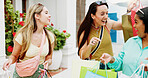 Happy, friends and outdoor in city with shopping bag, fashion sale and bonding together on weekend. Women, smile and excited in urban town with clothes discount, retail promotion and cashback deal.
