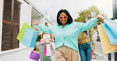 Buy stock photo Happy women, portrait and walking with shopping bags in city for discount, winning or fashion sale. Excited, female people or shopper with friends, smile or gifts for clothing, purchase or style