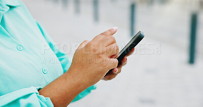 Buy stock photo Person, hands and travel with phone in city for navigation, tourist app, or tourism destination. Traveler, user or location with network service, web or connection for outdoor trip or online tracking