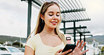 Happy woman, travel and social media with phone in city for network connection or outdoor guide. Female person, traveler or user with smile on mobile smartphone for tourism app or navigation in town