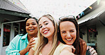 Happy women, portrait and travel with selfie for outdoor memory, photography or picture together. Female people, friends or smile with capture moment for tourism, holiday vacation or trip in new town