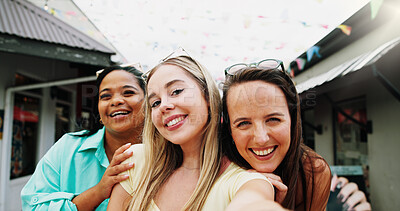 Buy stock photo Happy women, portrait and travel with selfie for outdoor memory, photography or picture together. Female people, friends or smile with capture moment for tourism, holiday vacation or trip in new town