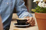 Coffee, morning or hands in cafe with cup, espresso or caffeine benefits in warm drink. Comfort, hydration or person in restaurant with mug set, energy boost or memory support in breakfast beverage.