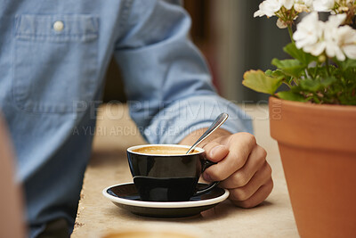 Buy stock photo Coffee, morning or hands in cafe with cup, espresso or caffeine benefits in warm drink. Comfort, hydration or person in restaurant with mug set, energy boost or memory support in breakfast beverage.