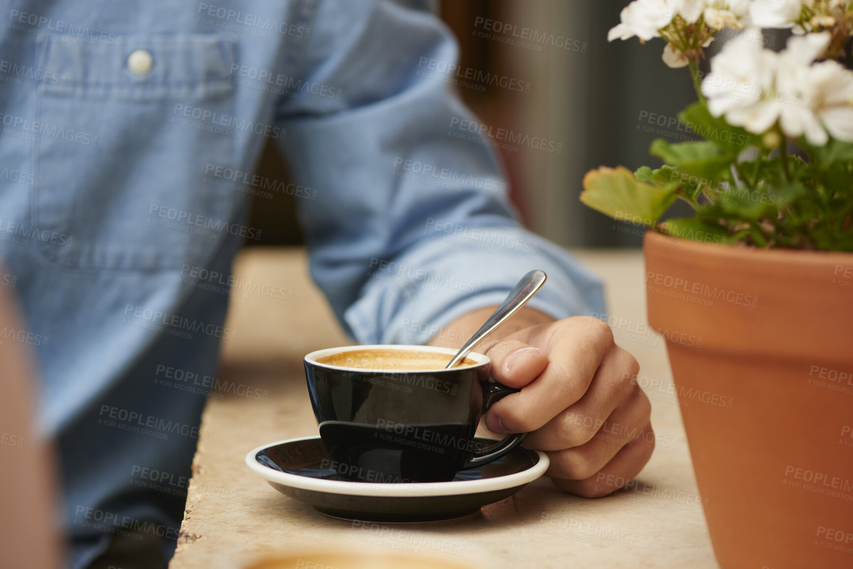 Buy stock photo Coffee, morning or hands in cafe with cup, espresso or caffeine benefits in warm drink. Comfort, hydration or person in restaurant with mug set, energy boost or memory support in breakfast beverage.
