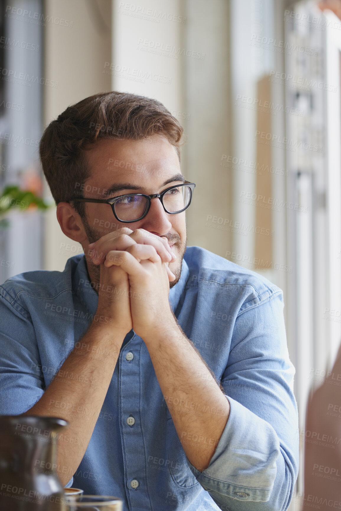 Buy stock photo Relax, reflection and thinking with man in coffee shop for inspiration, opportunity or solution. Break, ideas and brainstorming with person in cafe or restaurant as customer for decision or planning