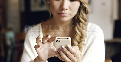 Buy stock photo Woman, hands and typing with phone in cafe for research, network or internet connection. Female person, customer or user scrolling with mobile smartphone for social media, news or app in restaurant