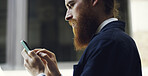 Businessman, scroll and break in city with phone, social media notification and reading text message. Worker, person and typing in urban town with tech, check job email and company communication.