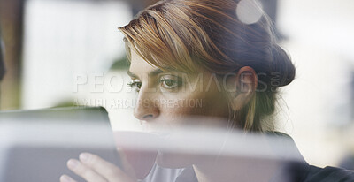 Buy stock photo Coffee, remote work and tablet with woman in cafe for small business planning or research. App, drink and window with freelance employee in restaurant for review of startup information or report