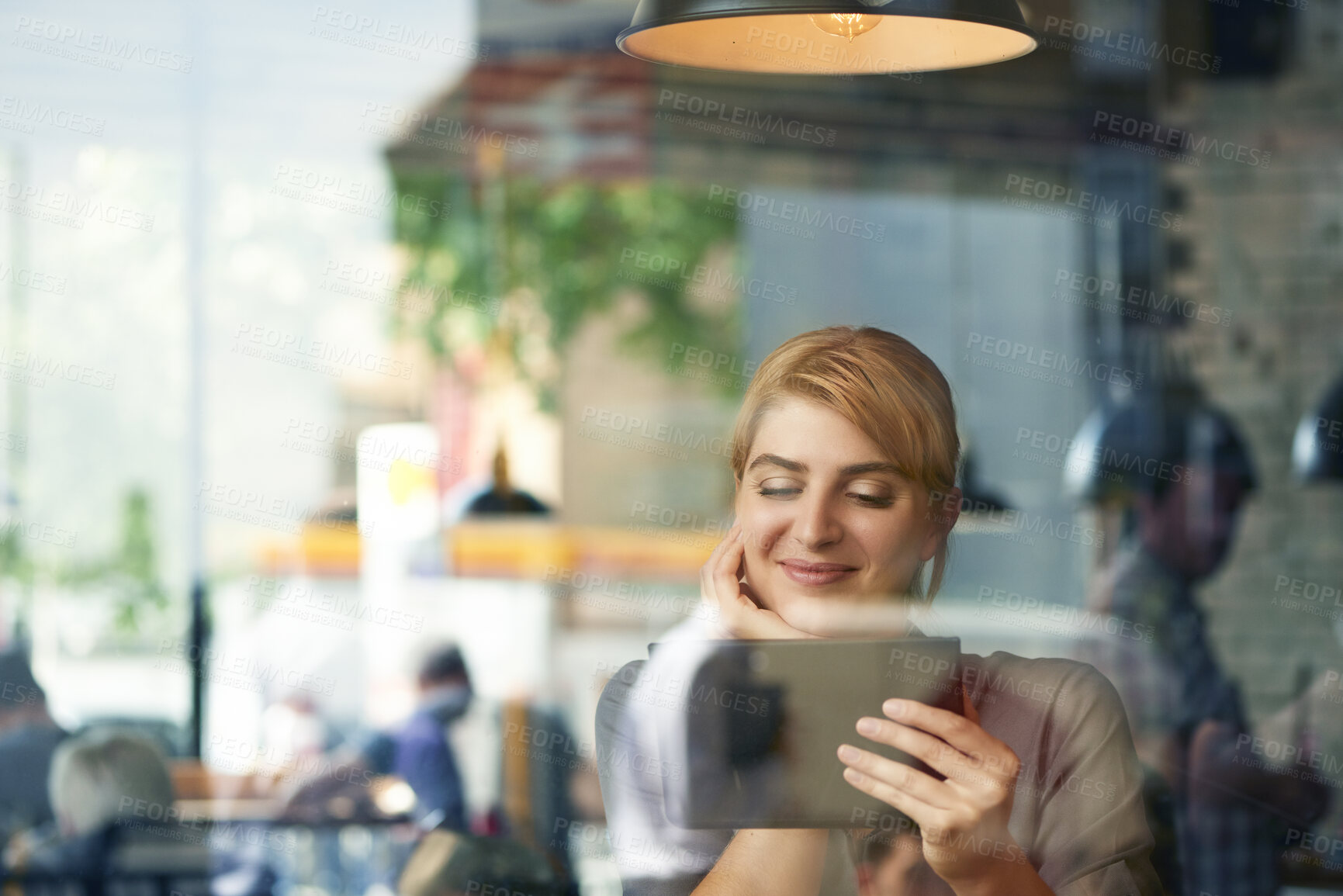 Buy stock photo Window, reading and woman with tablet in restaurant, digital  literature and electronic story for smile. Ebook, online blog and happy person with tech for weekend entertainment, virtual novel or cafe