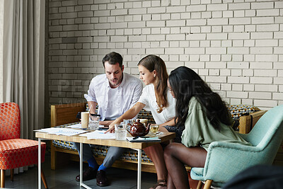 Buy stock photo Documents, discussion and business people in office for review on magazine revenue for startup. Paperwork, conversation and editors with manager for feedback on demographic for publishing at agency.