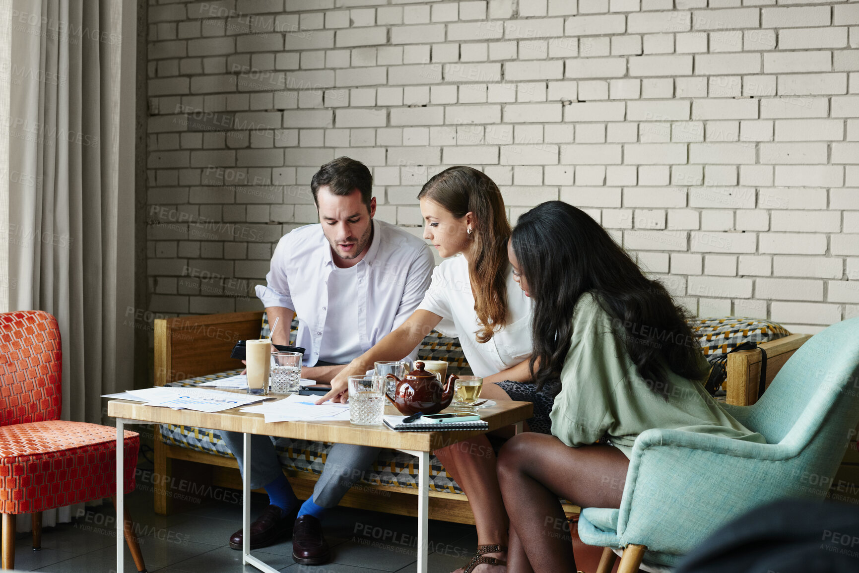 Buy stock photo Documents, discussion and business people in office for review on magazine revenue for startup. Paperwork, conversation and editors with manager for feedback on demographic for publishing at agency.