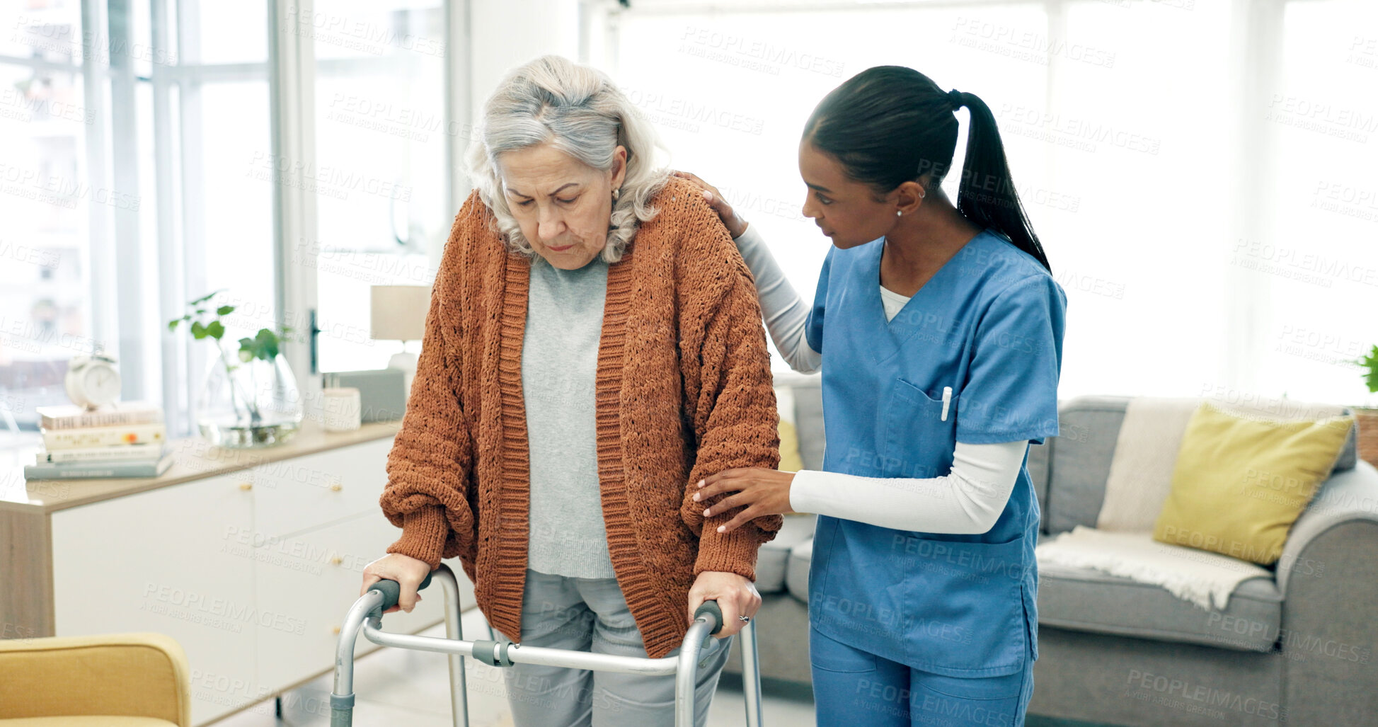 Buy stock photo Senior, woman and caregiver in nursing home with walker, support or assistance for rehabilitation. Nurse, help and elderly person with disability, mobility aid or injury recovery in retirement center