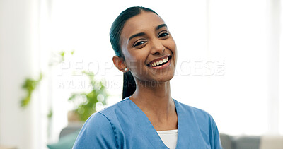 Buy stock photo Portrait, nurse and woman laugh in home, healthcare or smile with worker for wellness service. Funny, assisted living or happy caregiver with homecare support, about us or medical professional